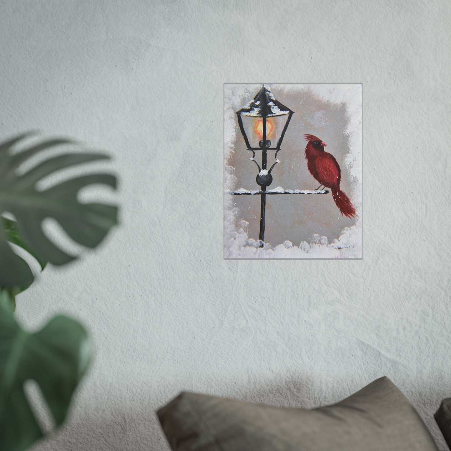 Poster - Male Cardinal Perched on Lamp Post in Snowy Winter Day