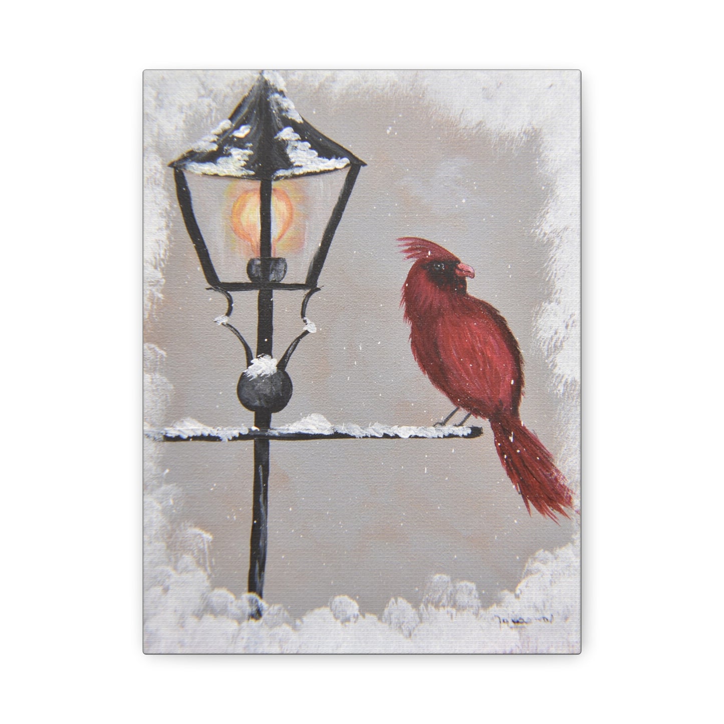 Canvas Print - Red Cardinal on Snowy Winter Day Acrylic Painting