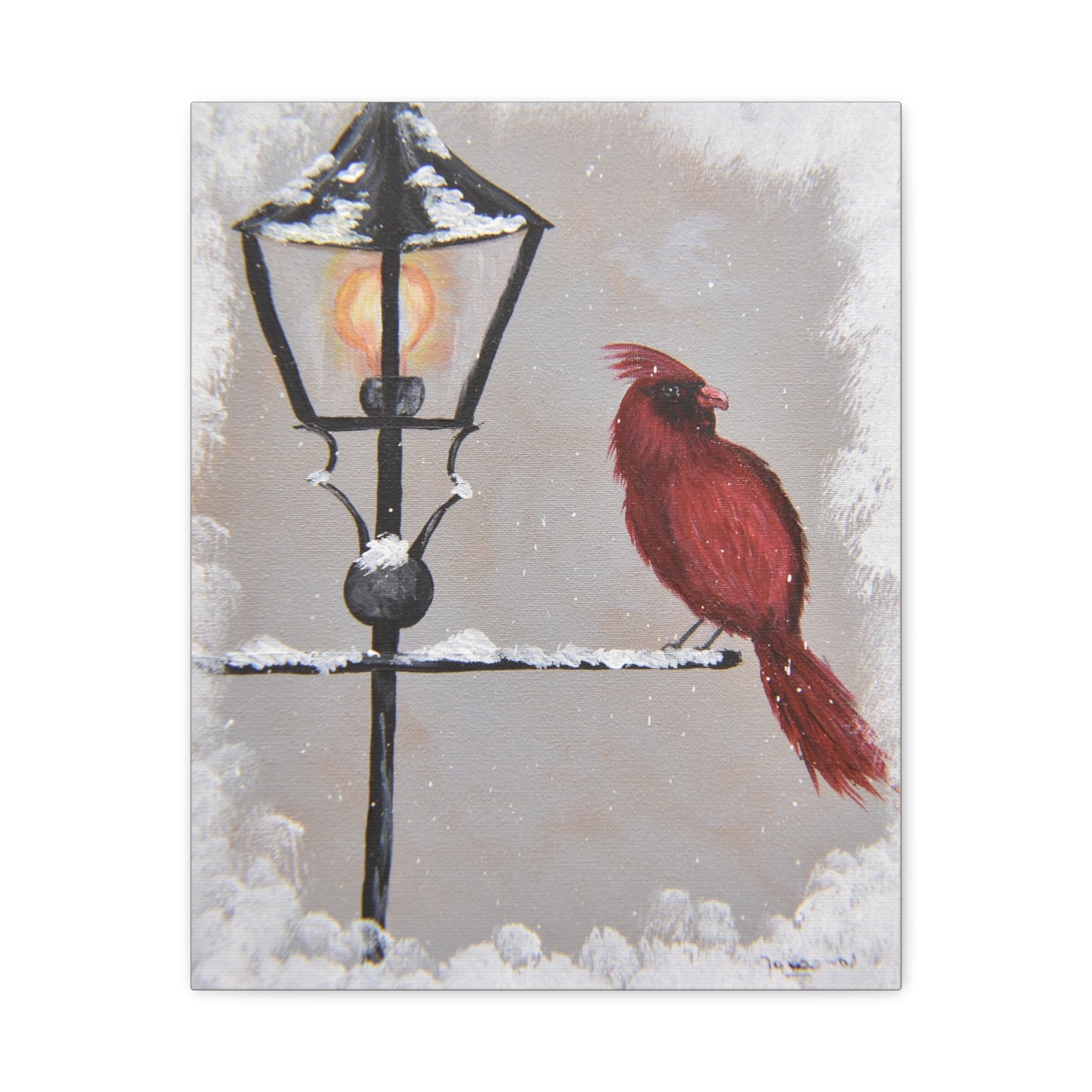 Canvas Print - Red Cardinal on Snowy Winter Day Acrylic Painting