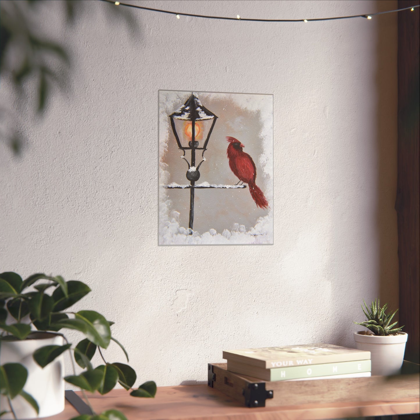 Poster - Male Cardinal Perched on Lamp Post in Snowy Winter Day