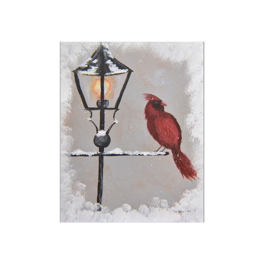 Poster - Male Cardinal Perched on Lamp Post in Snowy Winter Day