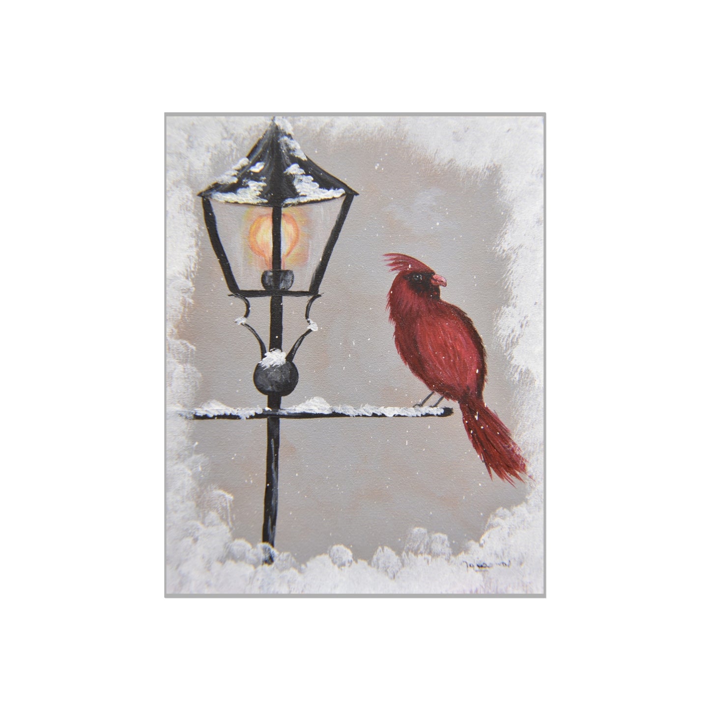 Poster - Male Cardinal Perched on Lamp Post in Snowy Winter Day