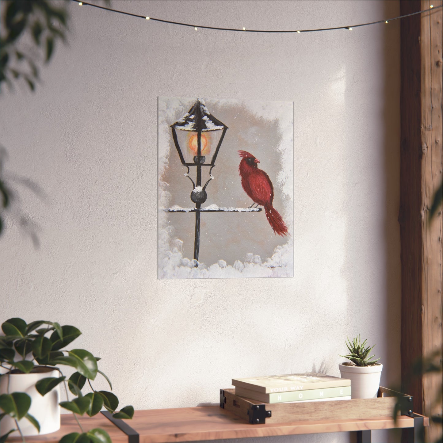 Poster - Male Cardinal Perched on Lamp Post in Snowy Winter Day